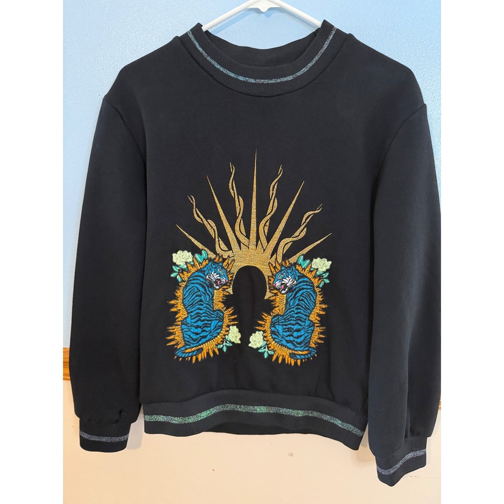 H&M Black Tiger Sun Embroidered Sweatshirt Blue Metallic Trim XS